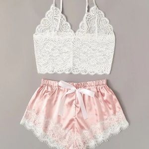 SHEIN Floral Lace Cami Top with Satin Shorts